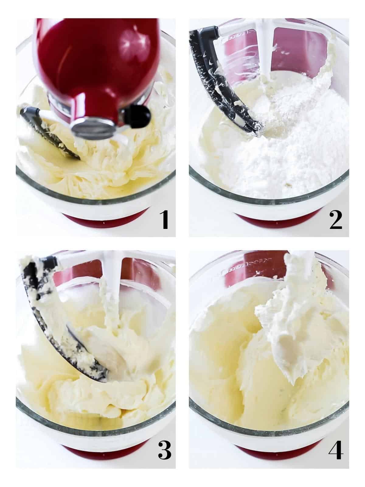 Collage of mixing buttercream in mixer.