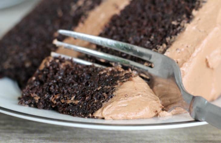 Easy Double Chocolate Sour Cream Cake with fork