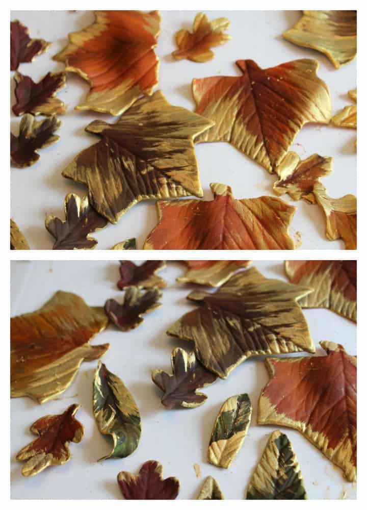 Adding the gold luster dust to the fondant leaves
