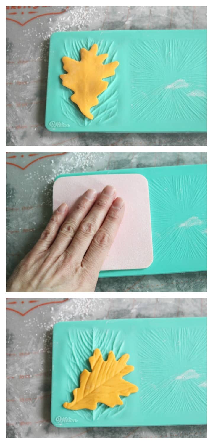 Imprinting the leaf pattern on the fondant leaves