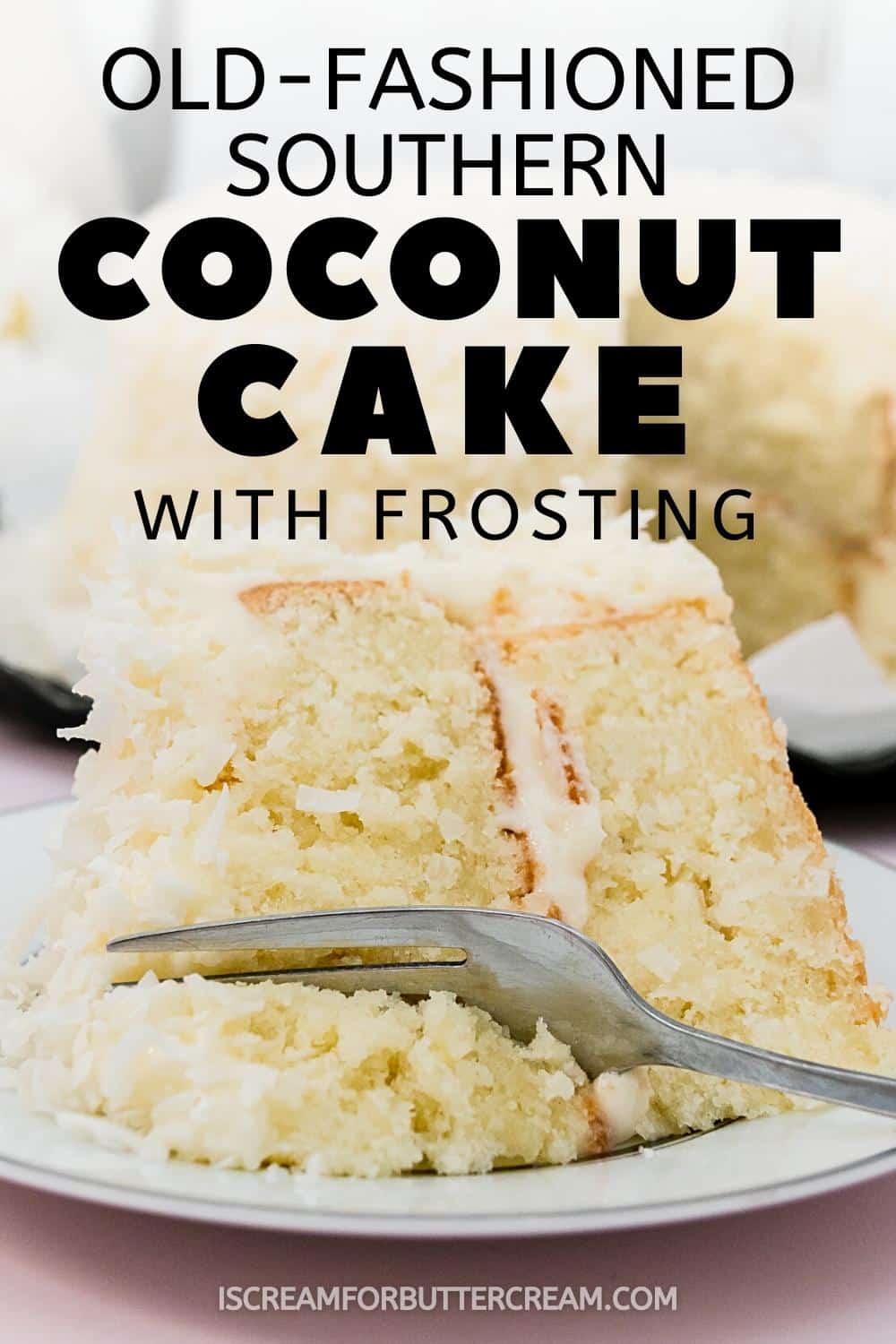 Coconut cake with fork and text overlay.