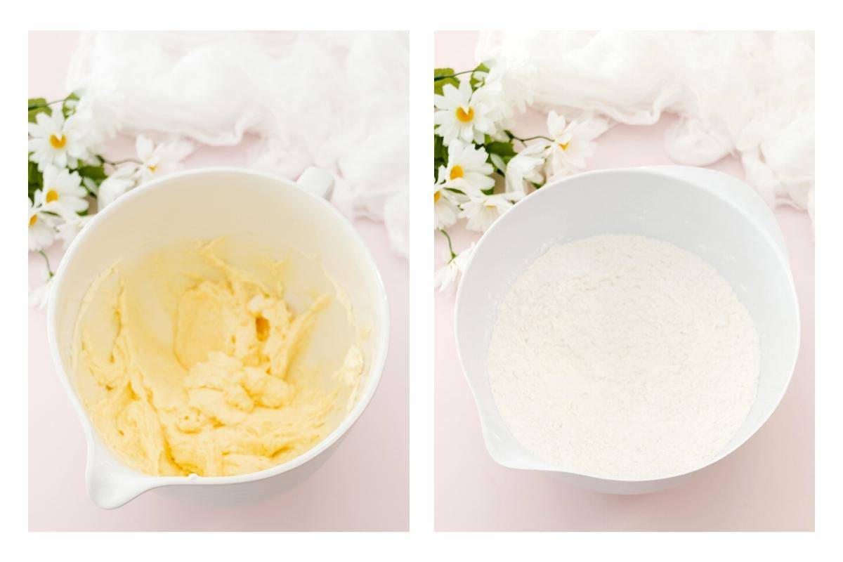 Collage of cake batter and dry ingredients.