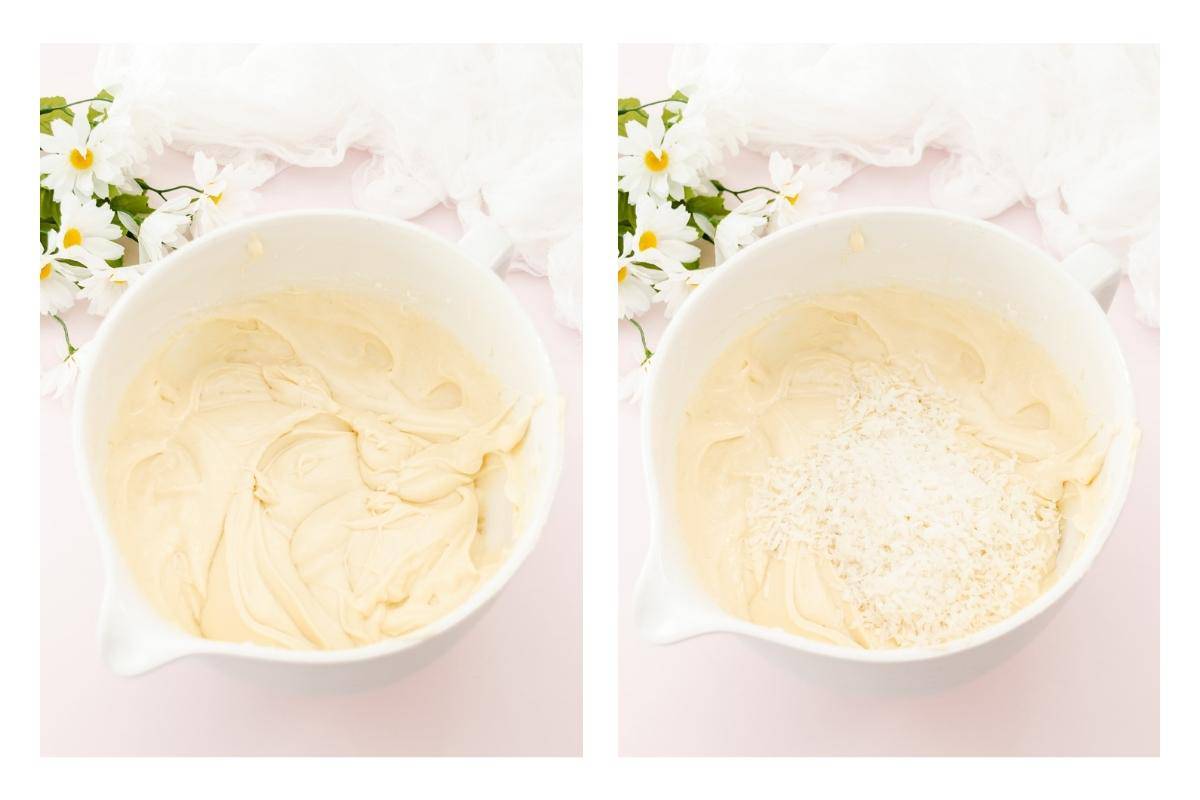Collage of mixing cake batter and adding coconut.