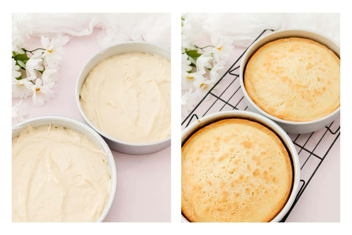 Collage of cake batter in pans and cooling cakes on a rack. 