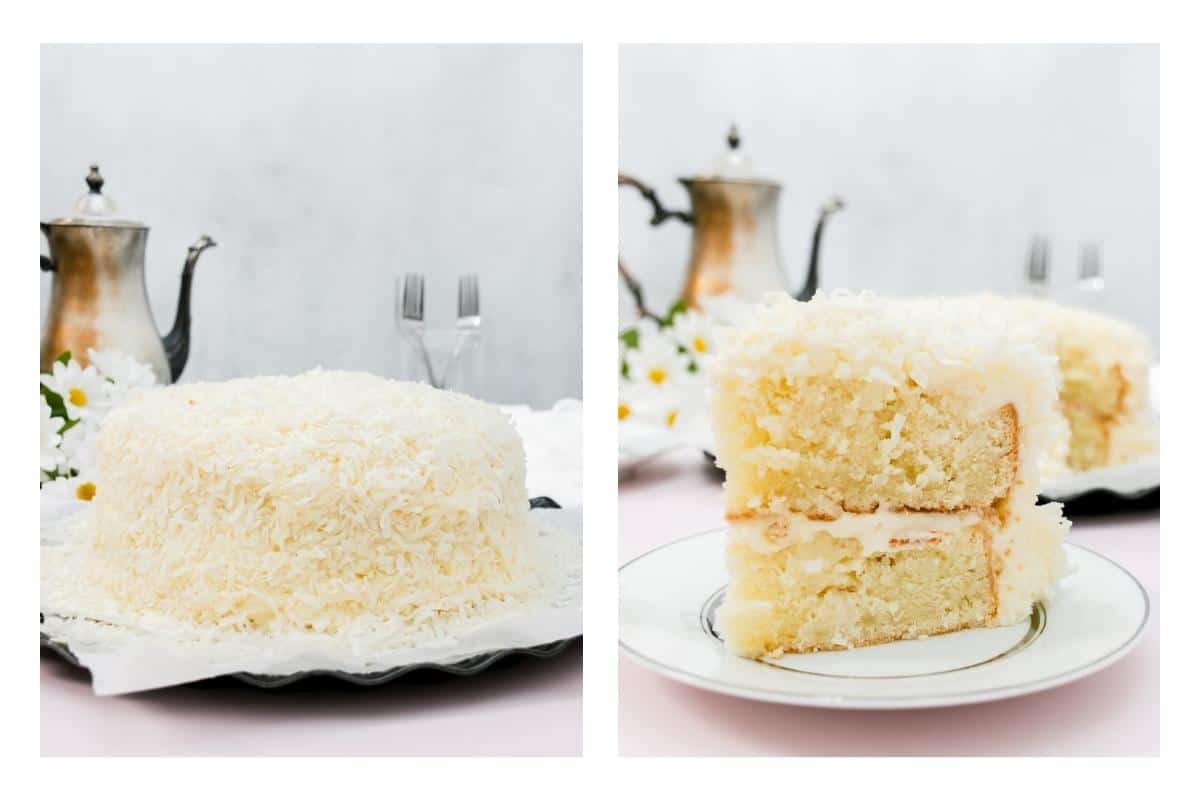 Collage of covered cake in coconut and slice of cake on a plate.