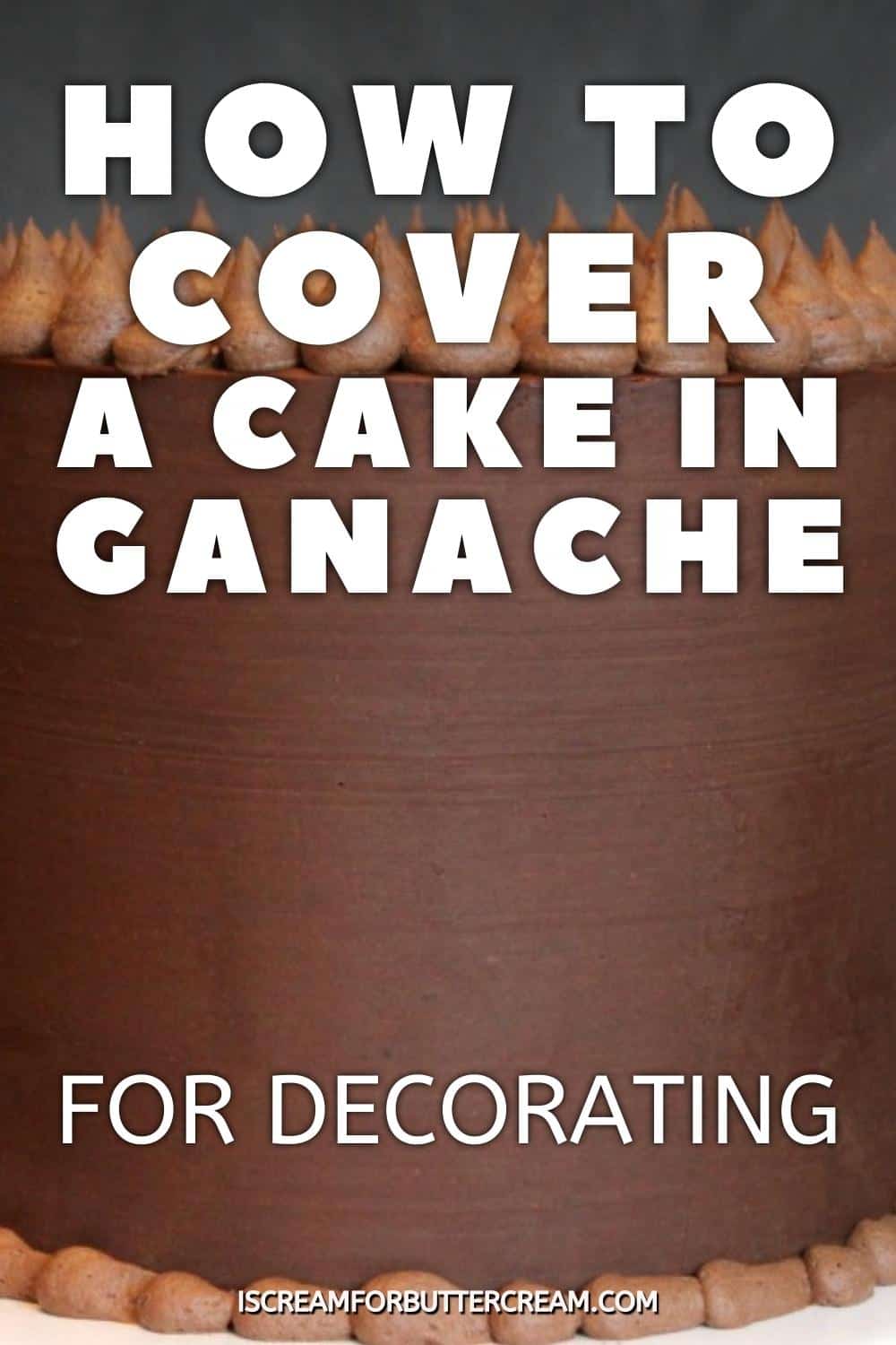 Image of cake with chocolate ganache and text overlay.