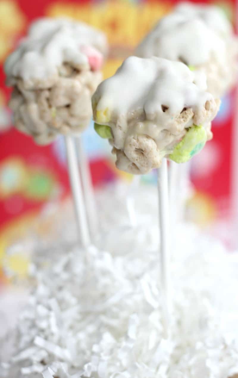 Lucky Charms White Chocolate Cereal Pops in front of cereal box