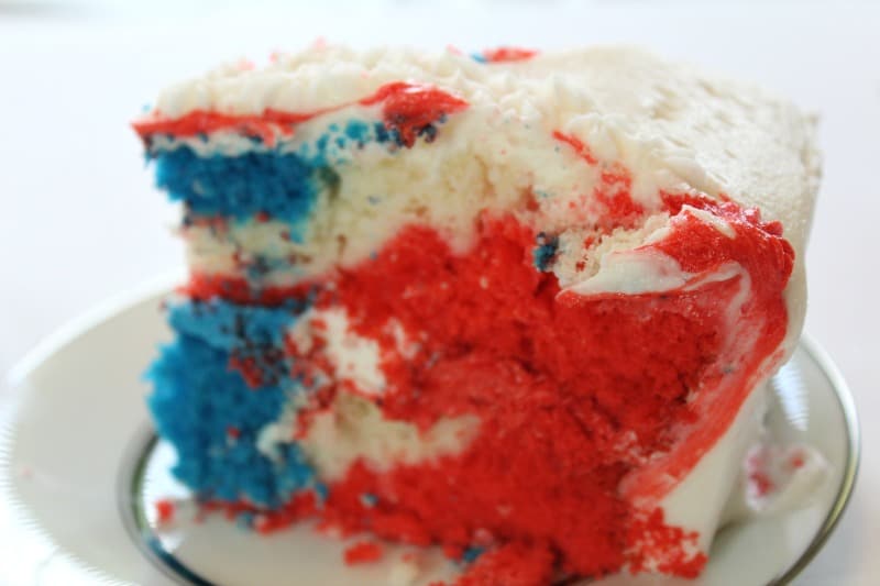 Inside of red white and blue marbled cake