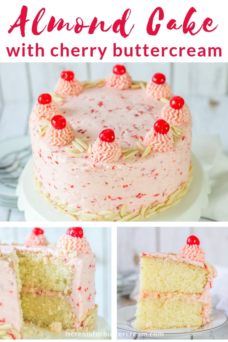 This almond cake with cherry buttercream is a super moist cake with a hint of almond flavor, then covered with a creamy, delicious maraschino cherry buttercream. #almondcake #cherrybuttercream #cakerecipe #cherrycake #cakerecipe