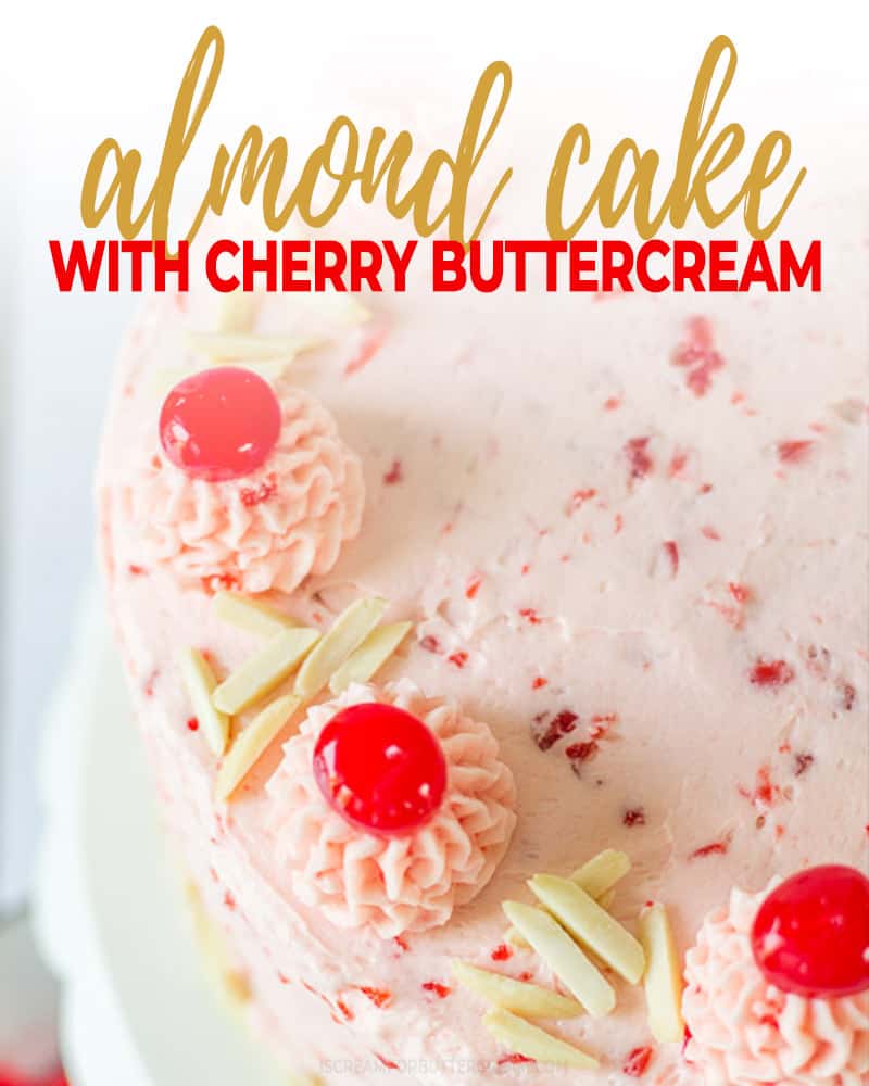 almond cake with cherry buttercream title graphic