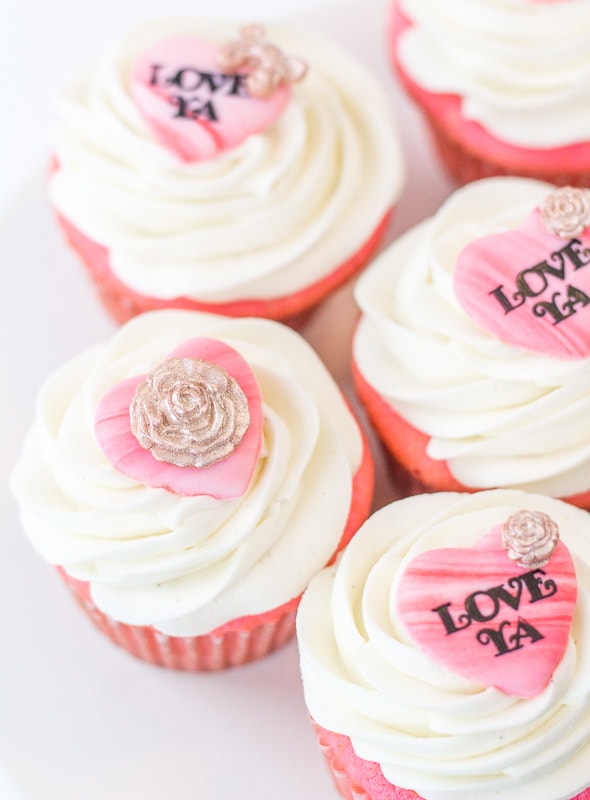 Valentine's cupcake toppers top view of gold fondant embellishments