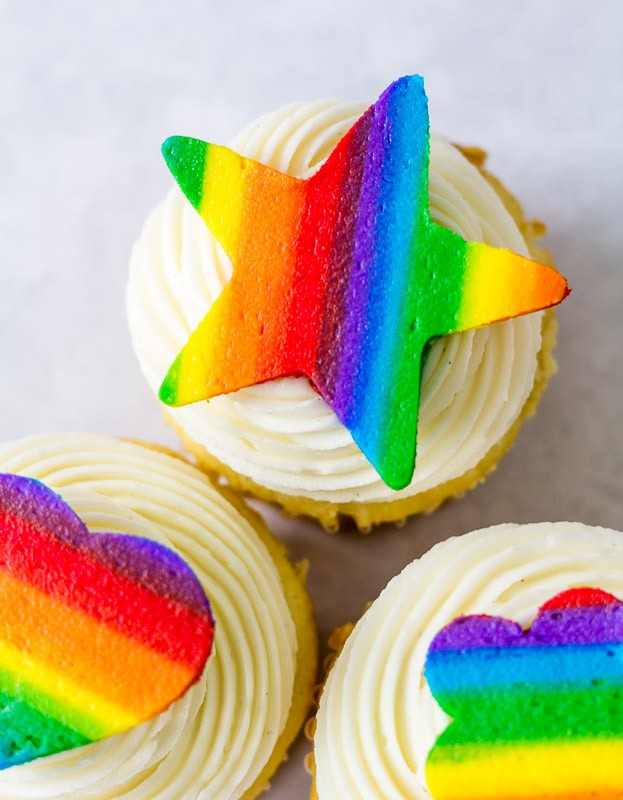 rainbow buttercream star cutout on cupcake
