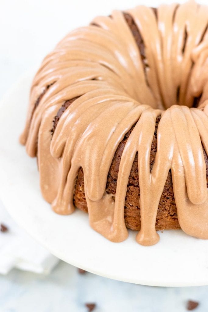 top down view of chocolate chip bundt cake with glaze