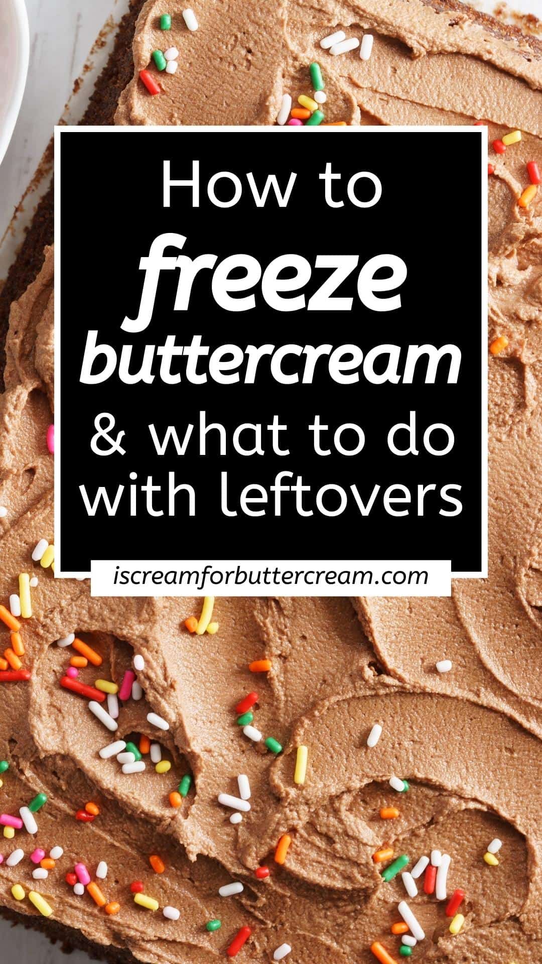 Chocolate frosting with sprinkles and text overlay.