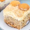 top view of banana pudding cake on a plate