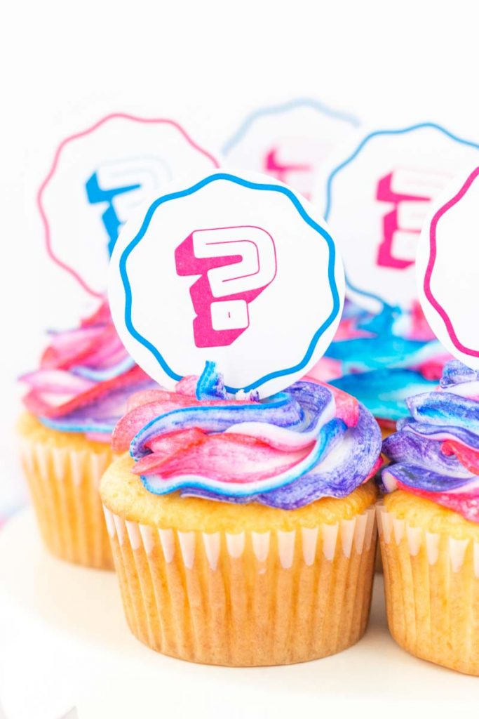 Gender Reveal Cupcake Toppers with Bright Toppers Close up
