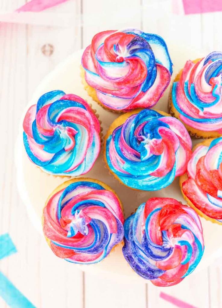 Top view of gender reveal marbled cupcakes