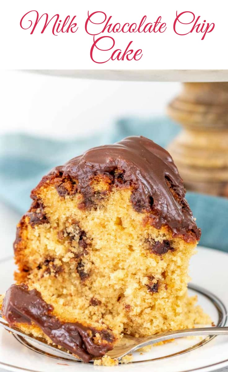 This milk chocolate chip cake is a rich yellow cake with yummy milk chocolate chips throughout and topped with a creamy milk chocolate glaze. This cake is great at room temperature, but also really good when warmed up. The recipe calls for brown sugar and buttermilk, which make it super moist and oh so rich. #cake #cakerecipe #chocolatechipcake #bundtcake