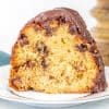 Piece of chocolate chip cake on a white plate