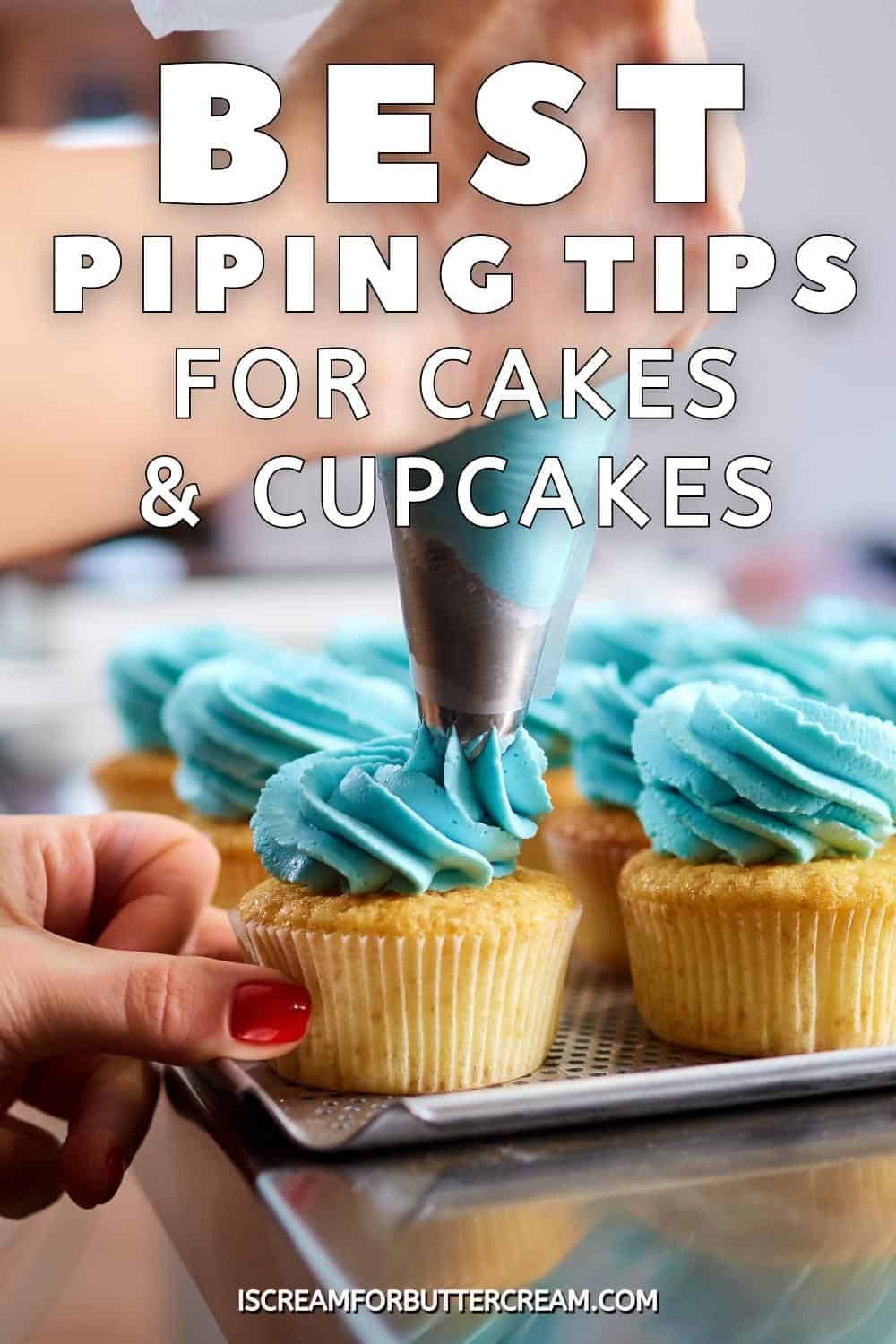 Piping blue frosting onto cupcakes with text overlay.