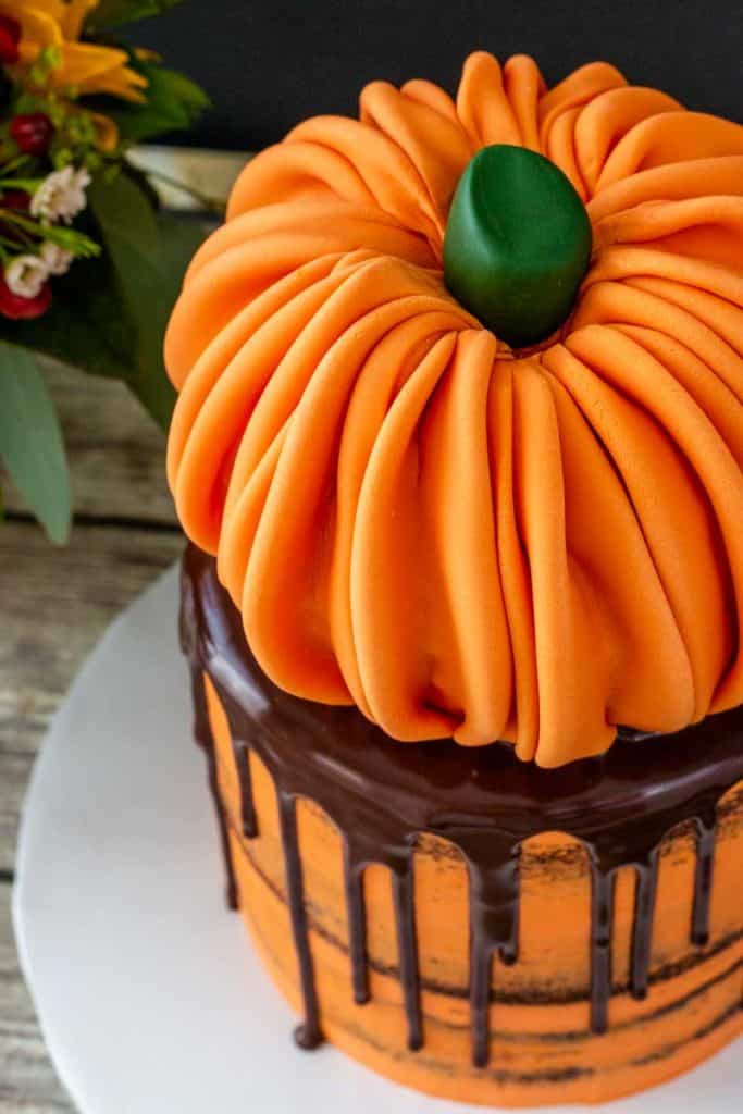 Top view of pumpkin topped cake