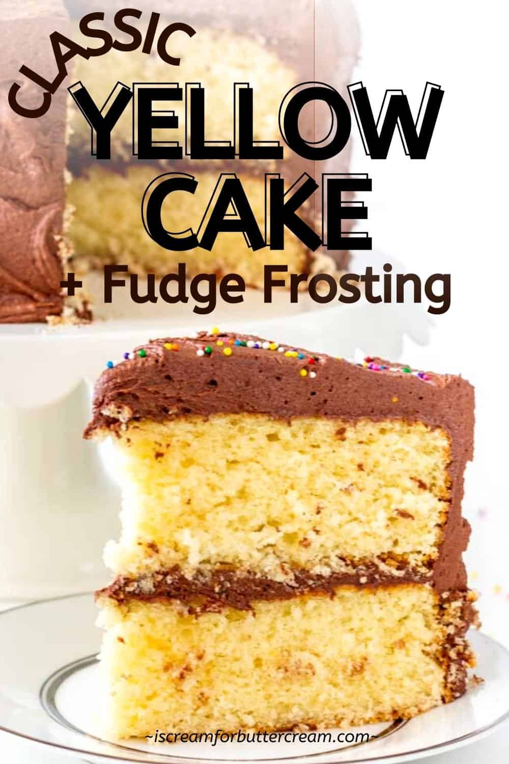Classic yellow cake slice with text overlay.