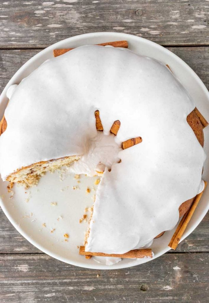 Top view of cinnamon swirl sour cream cake glaze