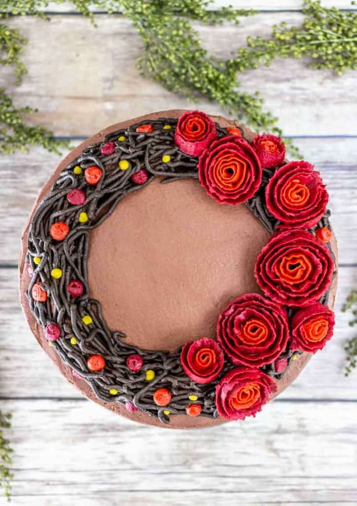 Top view of fall cake with buttercream roses