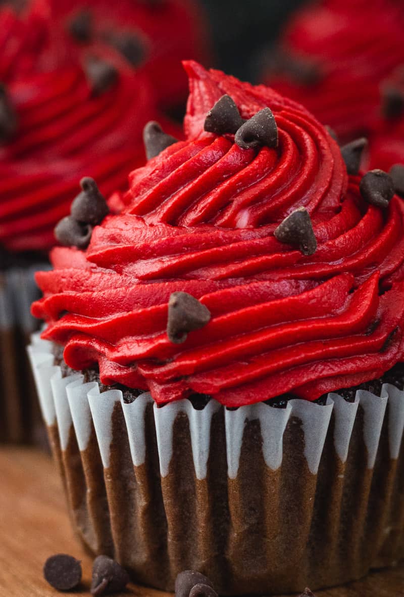 Chocolate cupcakes with red velvet frosting close up