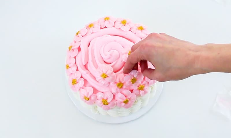 adding apple blossoms to top of cake