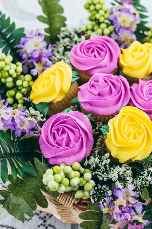 Close up of cupcake bouquet with buttercream roses