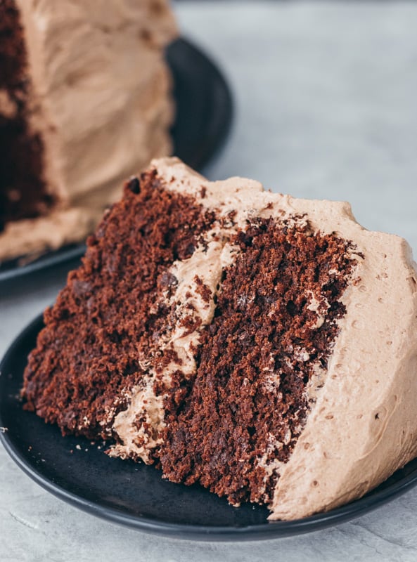 Large slice of  chocolate cake on a plate