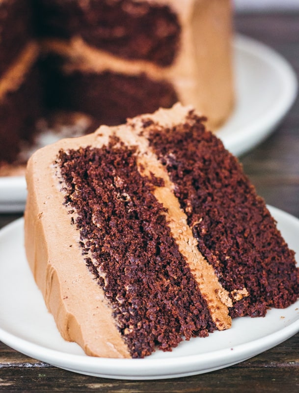 Large slice of chocolate cake on a white plate