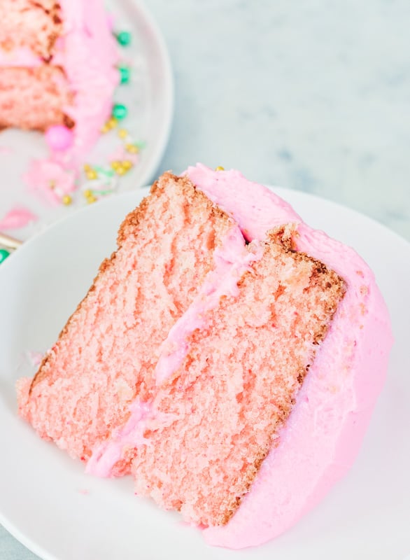 pink velvet cake slice on a white plate