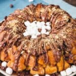 smores monkey bread on a blue background