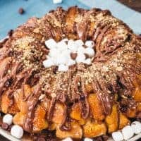 smores monkey bread on a blue background