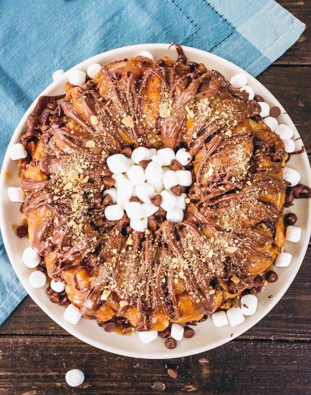 smores monkey bread top down view with blue napkin