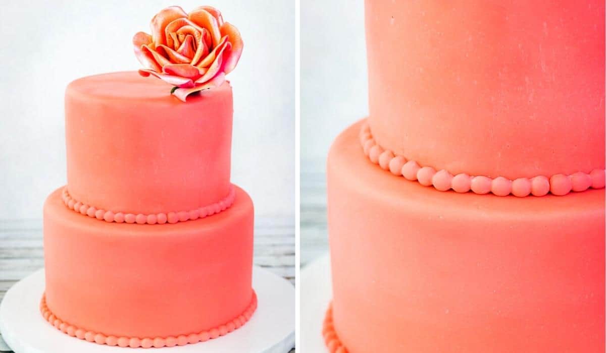 Collage of oranged stacked cake with flower.