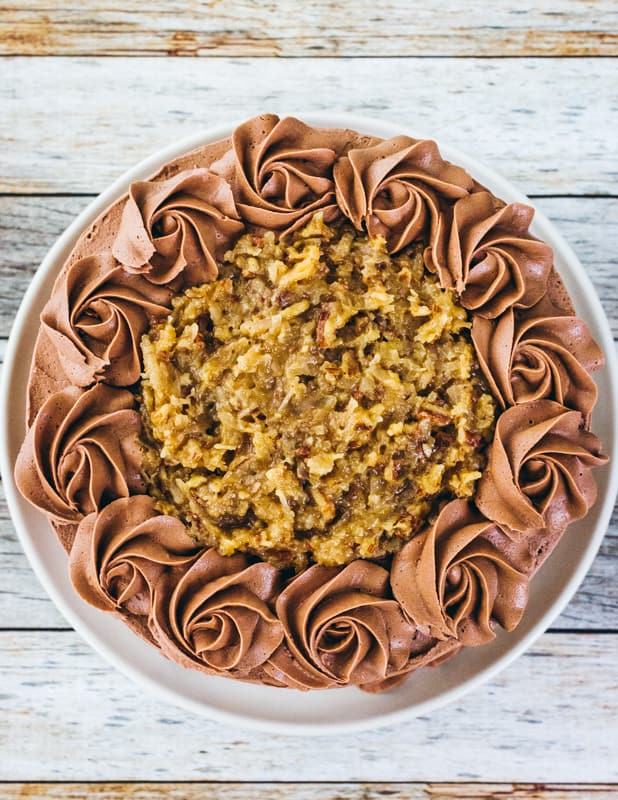 top view of german chocolate cake and coconut pecan filling