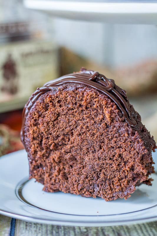 large slice of chocolate rum cake on a plate