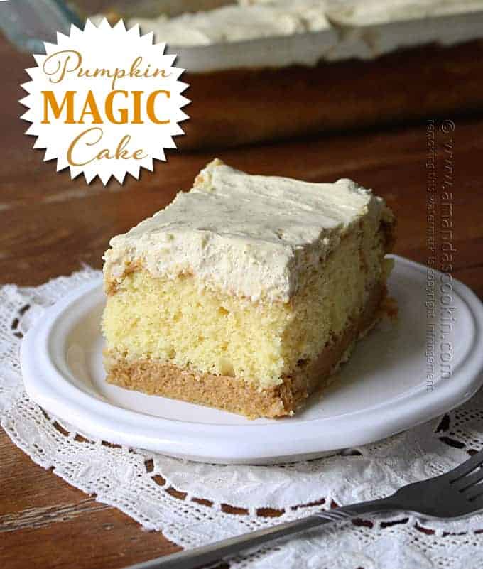 Three layer cake called magic cake on a white plate and doily.
