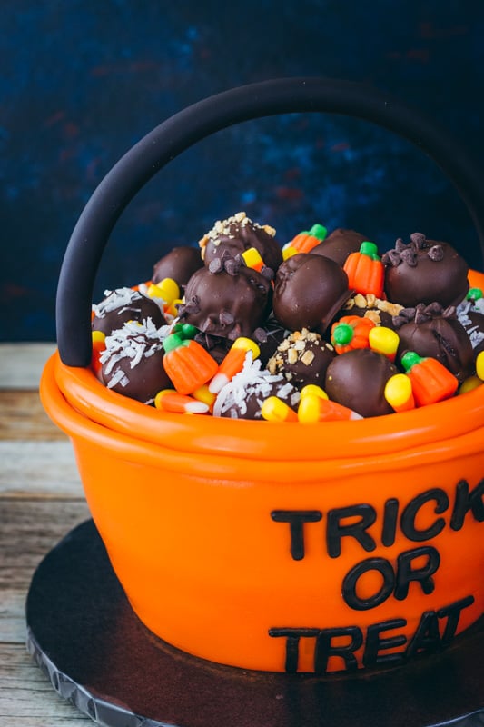 top view of trick or treat bucket cake
