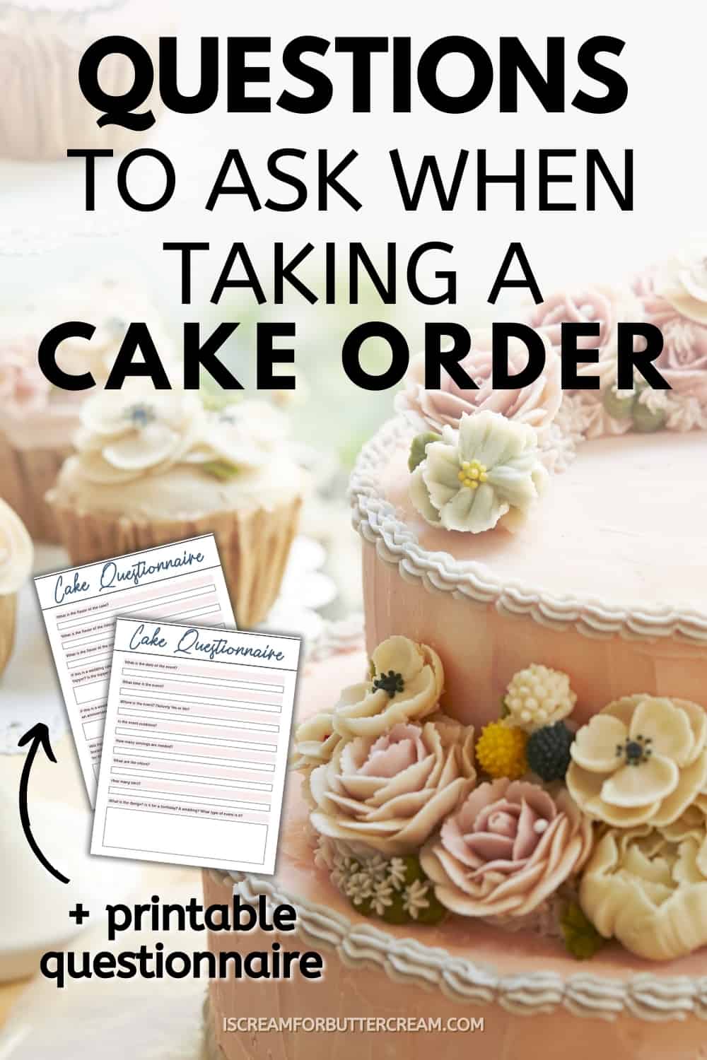 Questions To Ask Before Taking a Cake Order Pin graphic