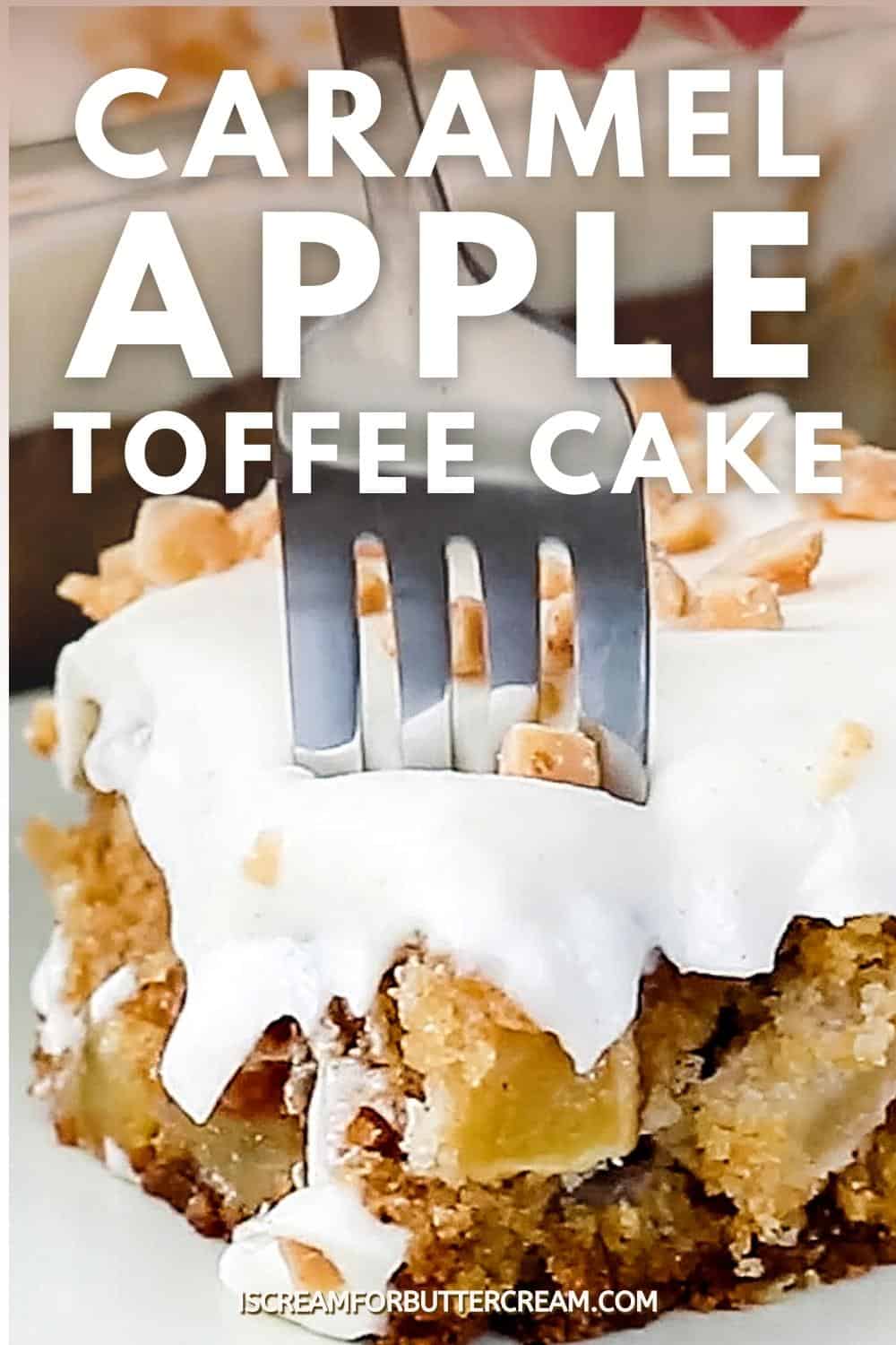 Pin graphic with apple cake and fork.