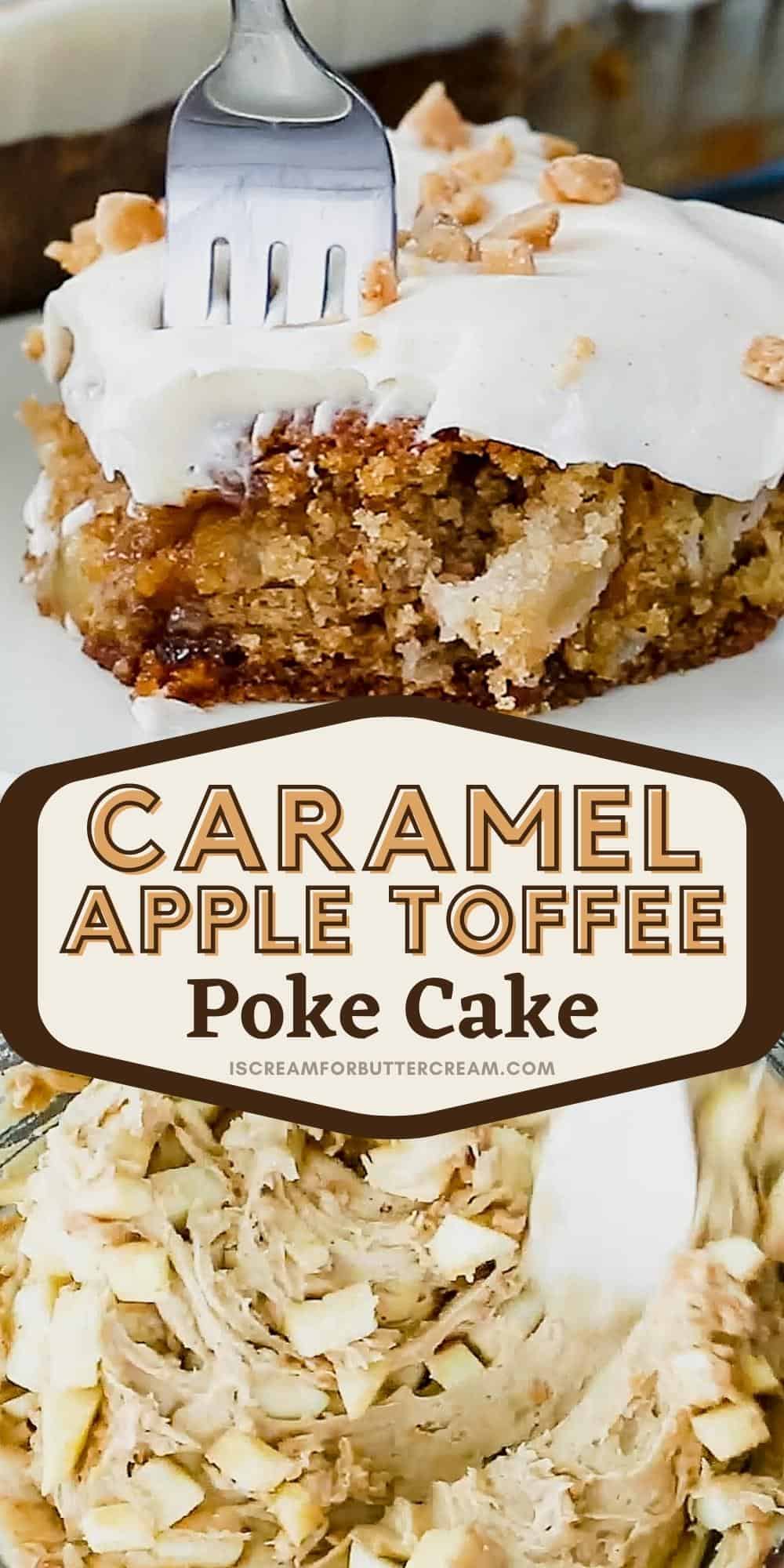 Pin graphic with apple toffee cake and text overlay.