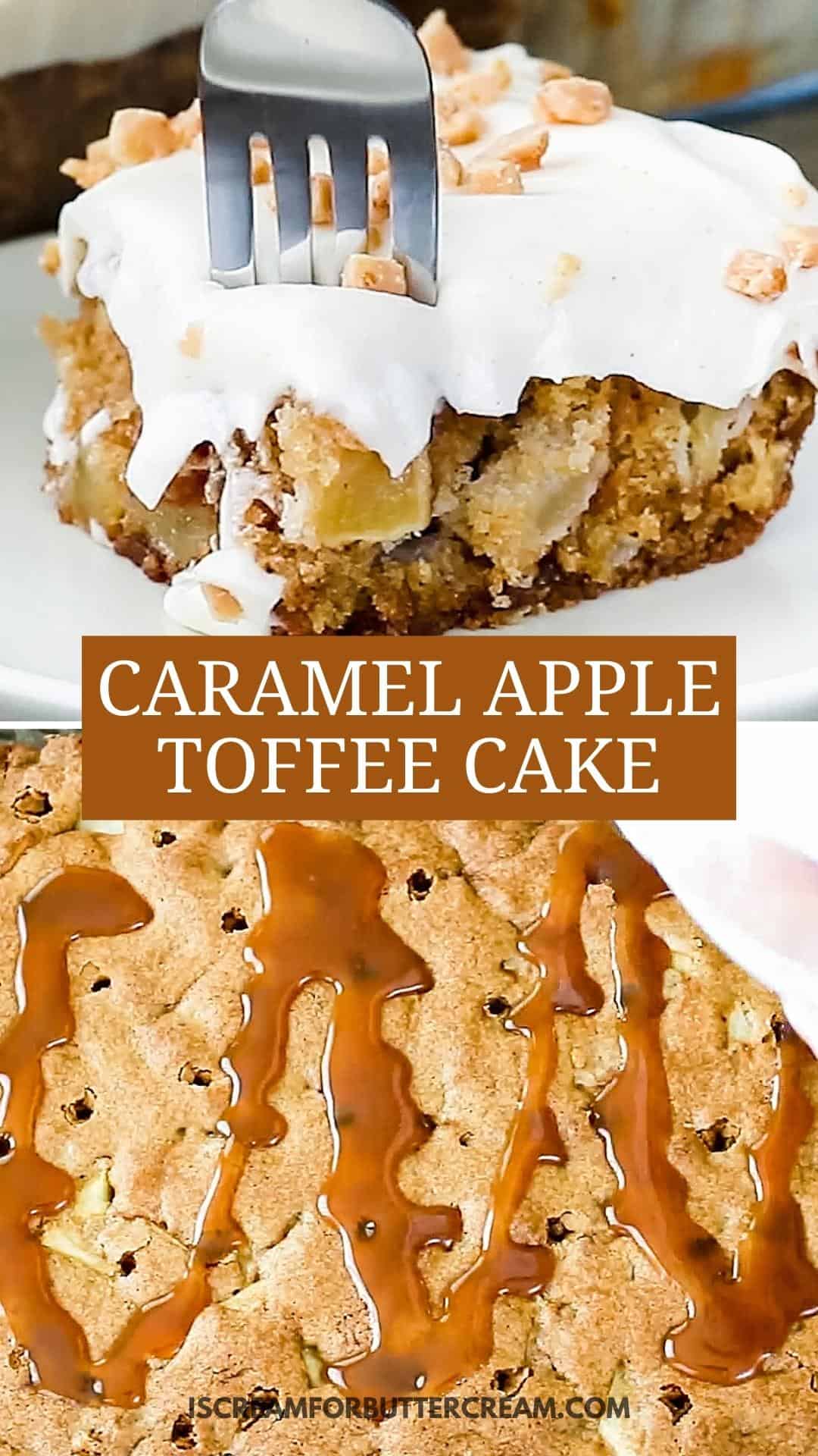 Piece of cake and caramel drizzle on cake with text.