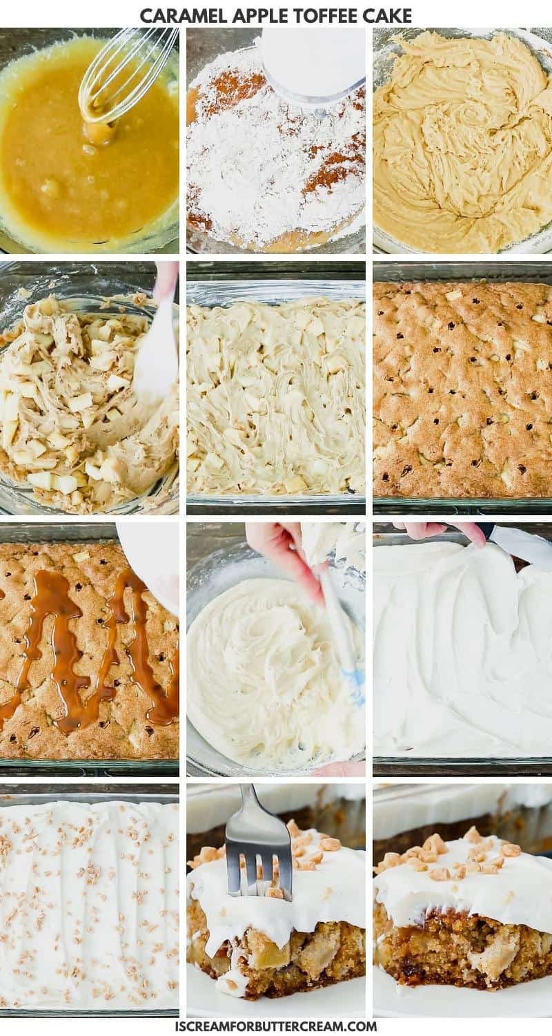 Collage of steps to make cake.