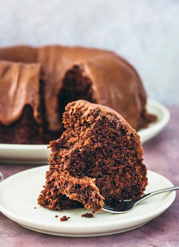 slice of chocolate spice cake with fork