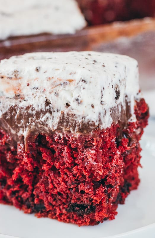 close up of red velvet oreo pudding cake