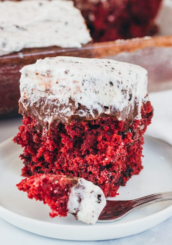red velvet cake with oreos and pudding with fork